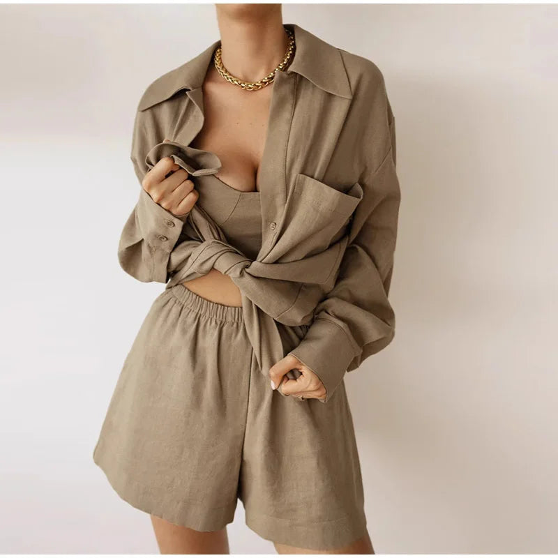 Women Elegant Stripes Cotton Linen Loose Shirt Shorts Suits Fashion Lapel Half Sleeves Elastic Waisted Shorts Summer Lady Outfit