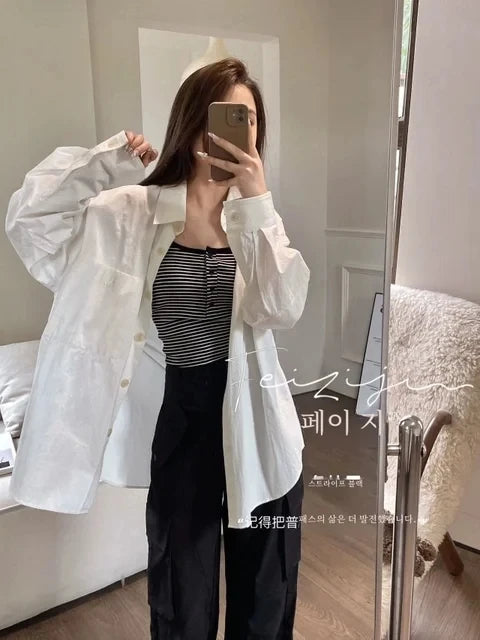 White Stripe Small Cami Women Autumn Gyaru Sexy Button Slim fit Short With Chest Pad Top NS5861