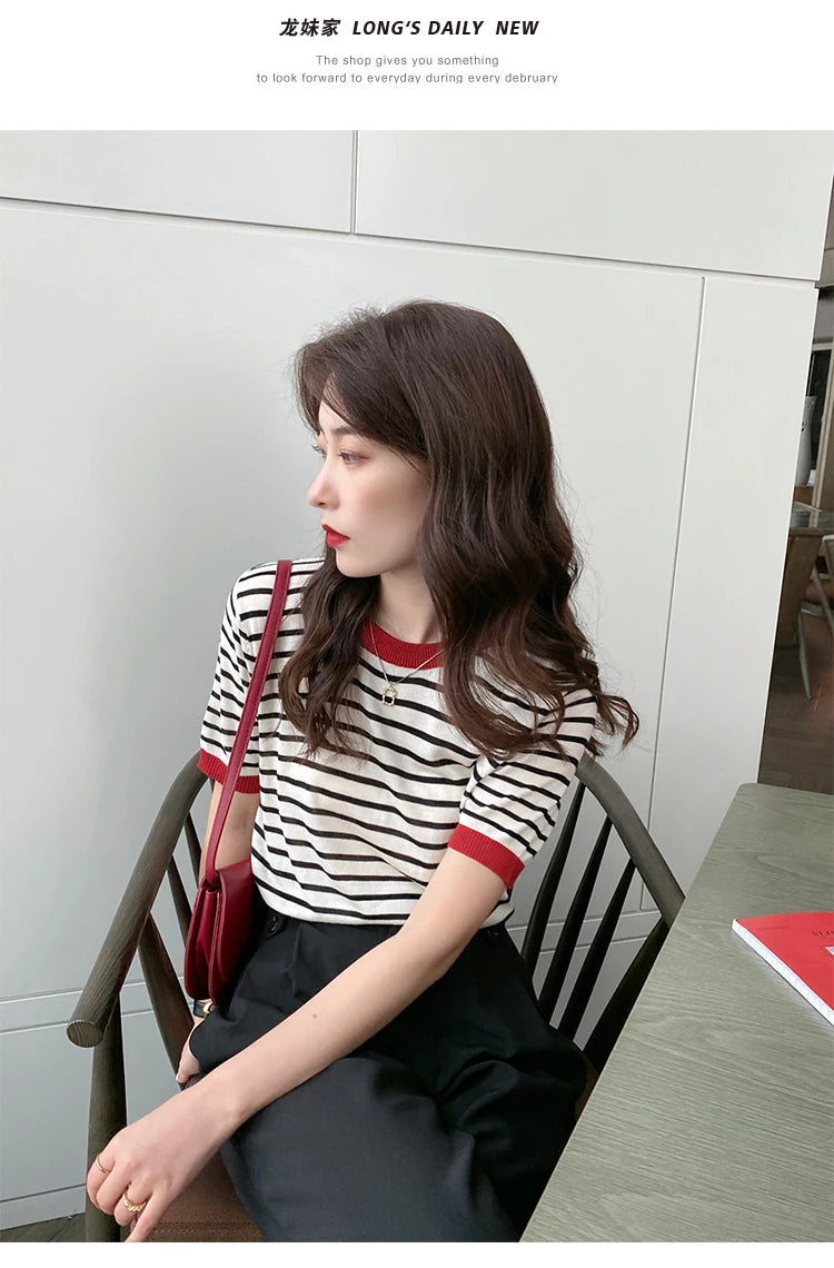 2025 Stripe Tops Women Knitted Round Collar Summer Print Short Sleeve Casual Simple Wild T-Shirt