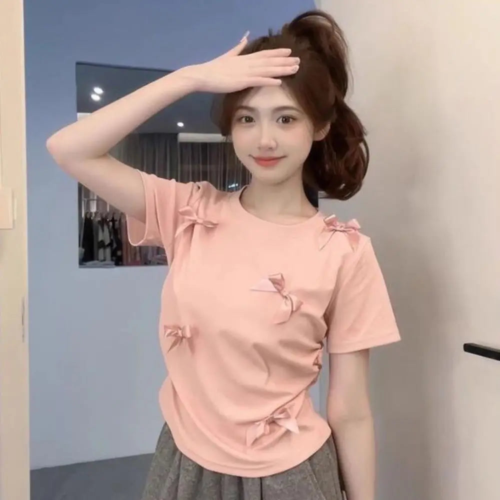 Elegant Ballet Bowknot T Shirts Round Collar Japanese Style Women Top Solid Color Short Sleeve Ribbon Crop Tank Top Women Girl