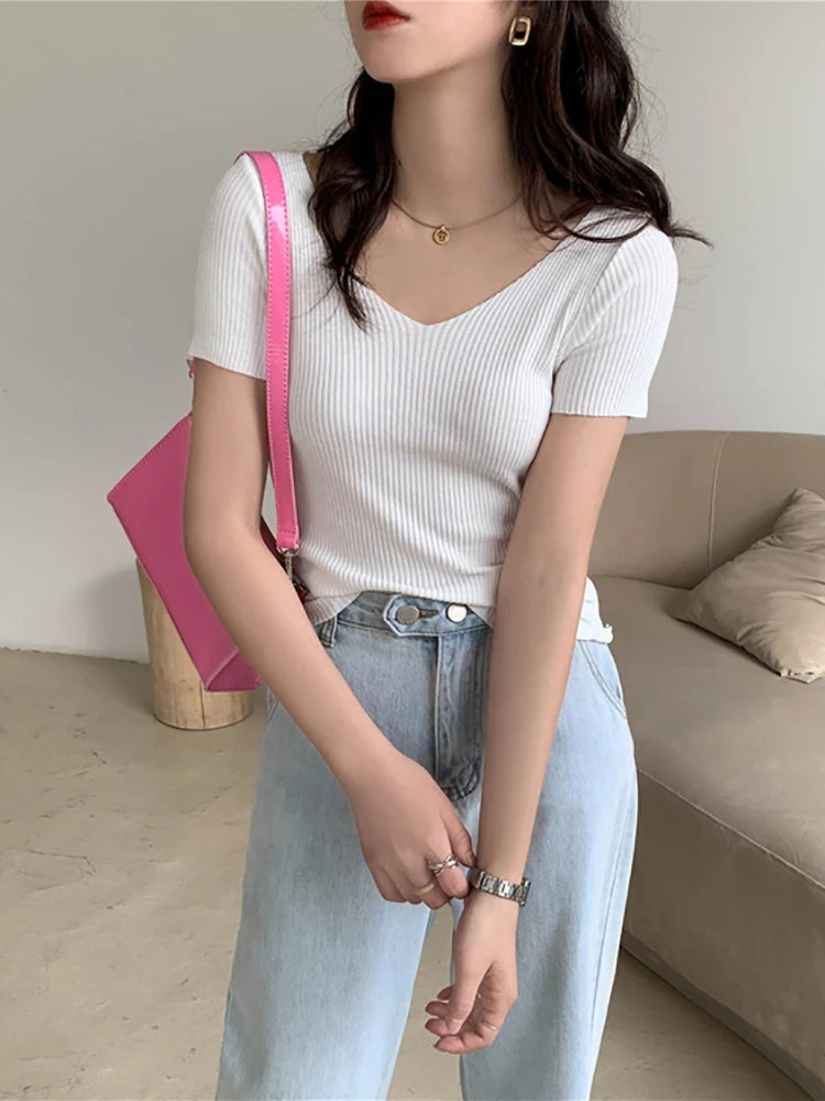 AOSSVIAO 2025 Basic V-neck Solid Thin Summer Pullover Women Female Knitted Ribbed Sweater Slim Short Sleeve Bodycon Sweater