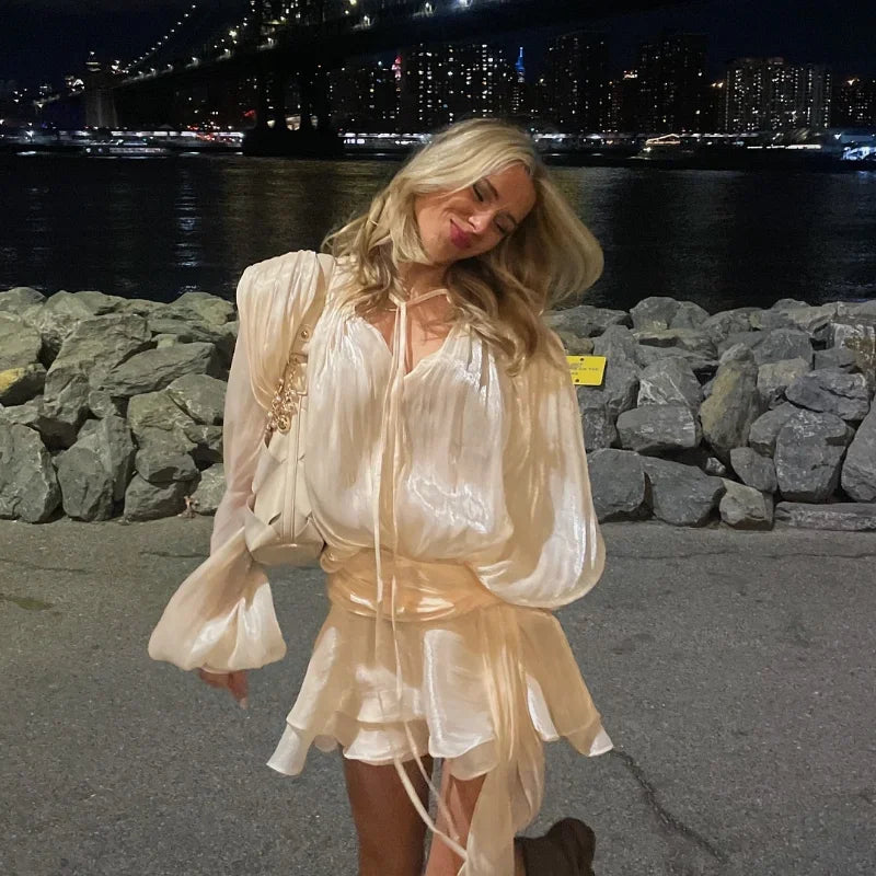 Elegant Ruffles Shiny Mini Dresses Fashion Solid Long Sleeve Lace Up V Neck Pleated Dress New Summer Party Women's Vestidos 2025