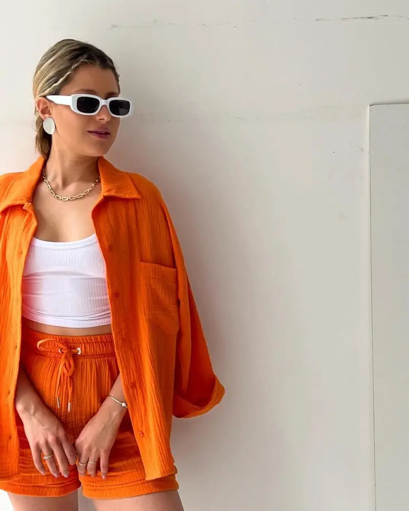 Solid Color Casual Loose Short Pants Sets For Women 2025 Elegant Summer Women's Two Pieces Suit Full Set Female Outfit Clothes