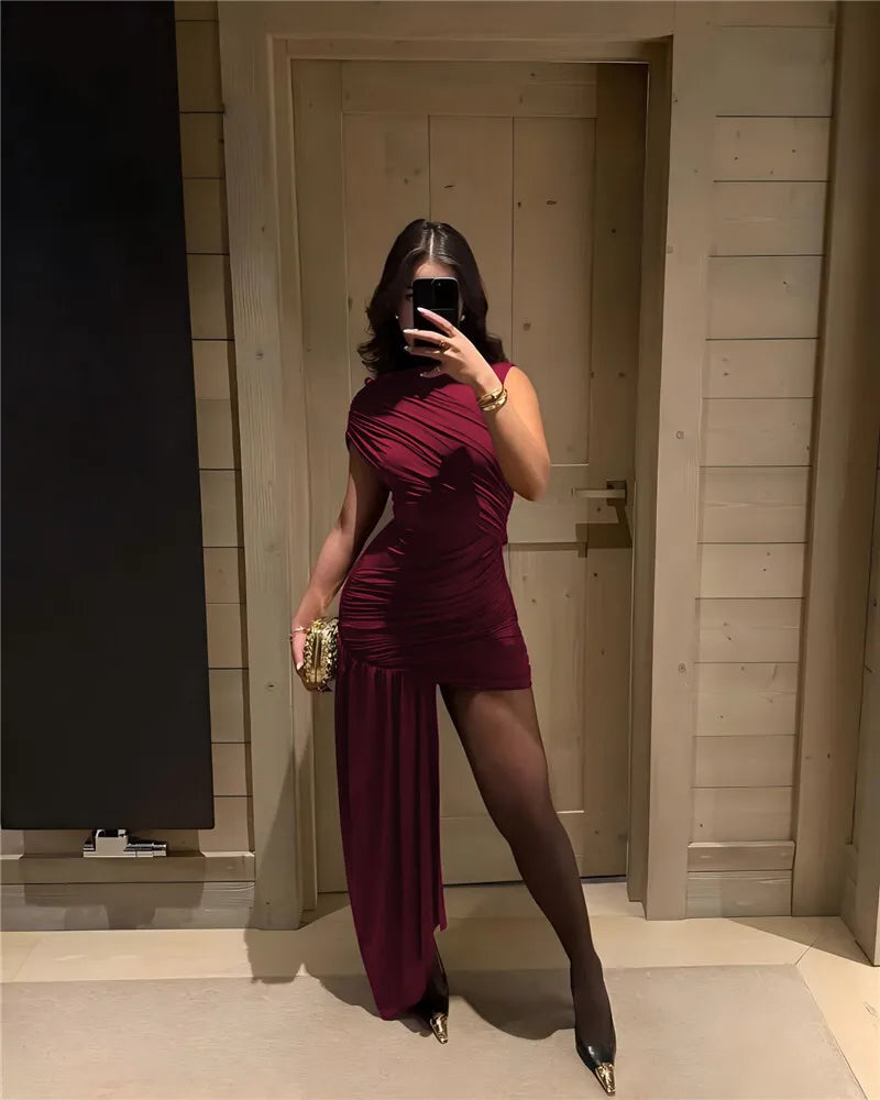 Balitops Summer Draped Ruched Sexy Mini Dress Women 2025 New Irregular High Waist Slim Fit Dress Female Elegant Club Tank Dress