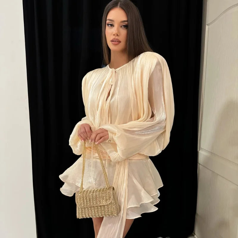 Stunning Shiny Ruffles Lace Up Mini Dress Women's Chic Loose Hollow Out A-line Pleated Vestidos Lady Summer Party Gowns 2025 New