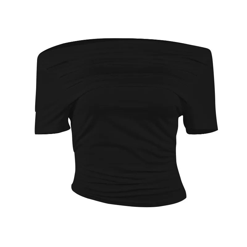 Summer New T-shirt Women Sexy Short Sleeve Fashion Tees Slash Neck Folds Crop Top Casual Streetwear Bodycon Solid Basic T-shirts