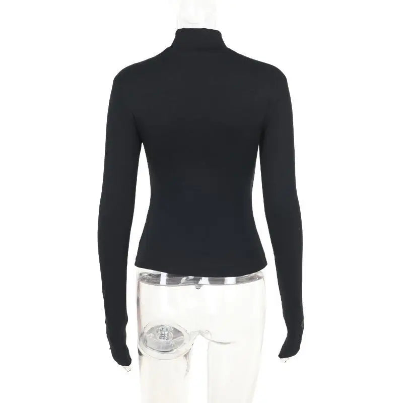 Turtleneck Top Y2k Clothes Black Gothic Cross Hollow Slimming Bottom T Shirt for Women Long Sleeve Sexy T-shirt Girls Tops