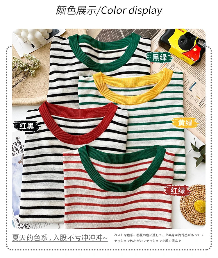 2025 Stripe Tops Women Knitted Round Collar Summer Print Short Sleeve Casual Simple Wild T-Shirt
