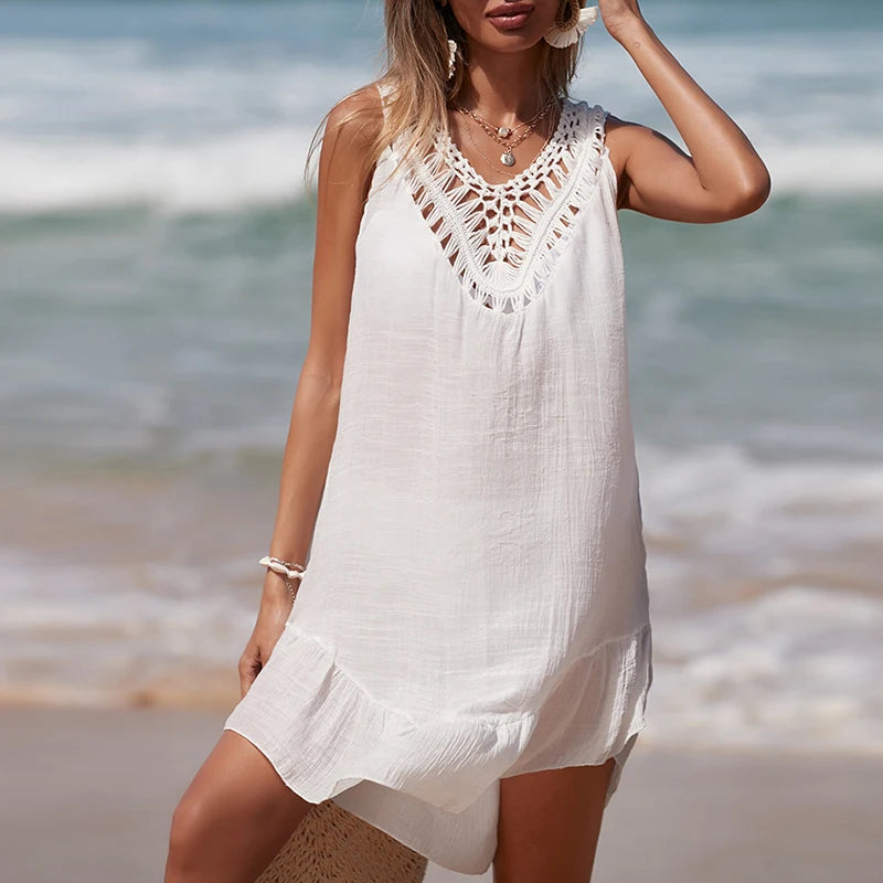 Women V-Neck Backless Hollow Out Short Dress Crochet Splicing Wooden Ear Dress With Colored Balls Beach Swimsuit Cover Up