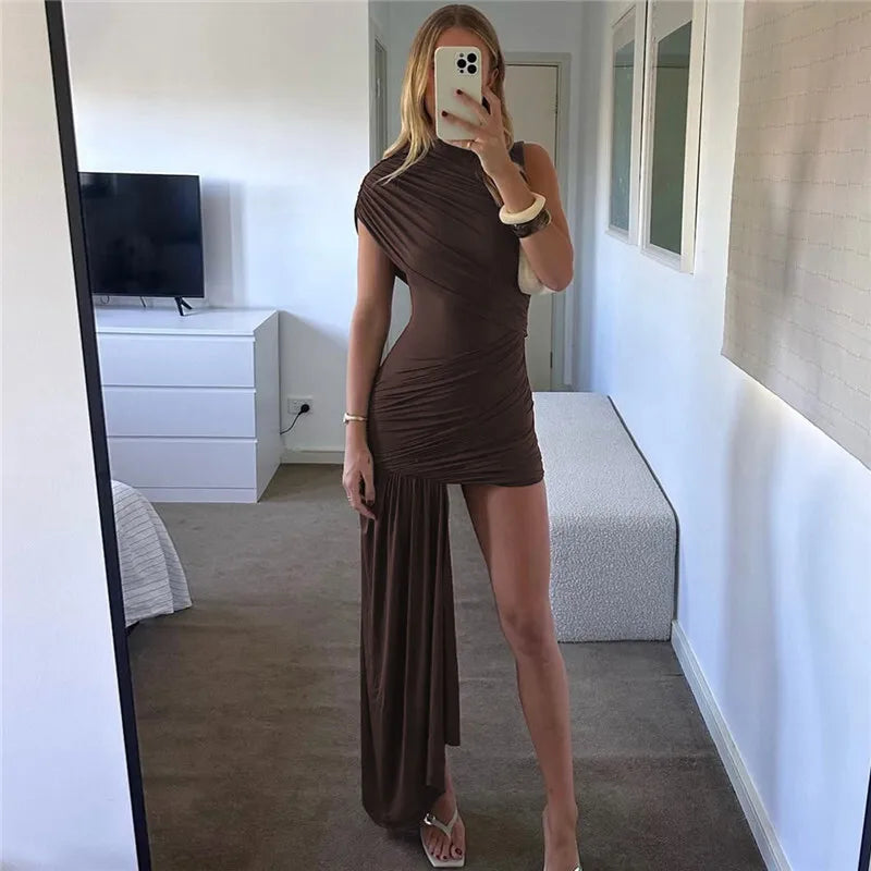 Balitops Summer Draped Ruched Sexy Mini Dress Women 2025 New Irregular High Waist Slim Fit Dress Female Elegant Club Tank Dress
