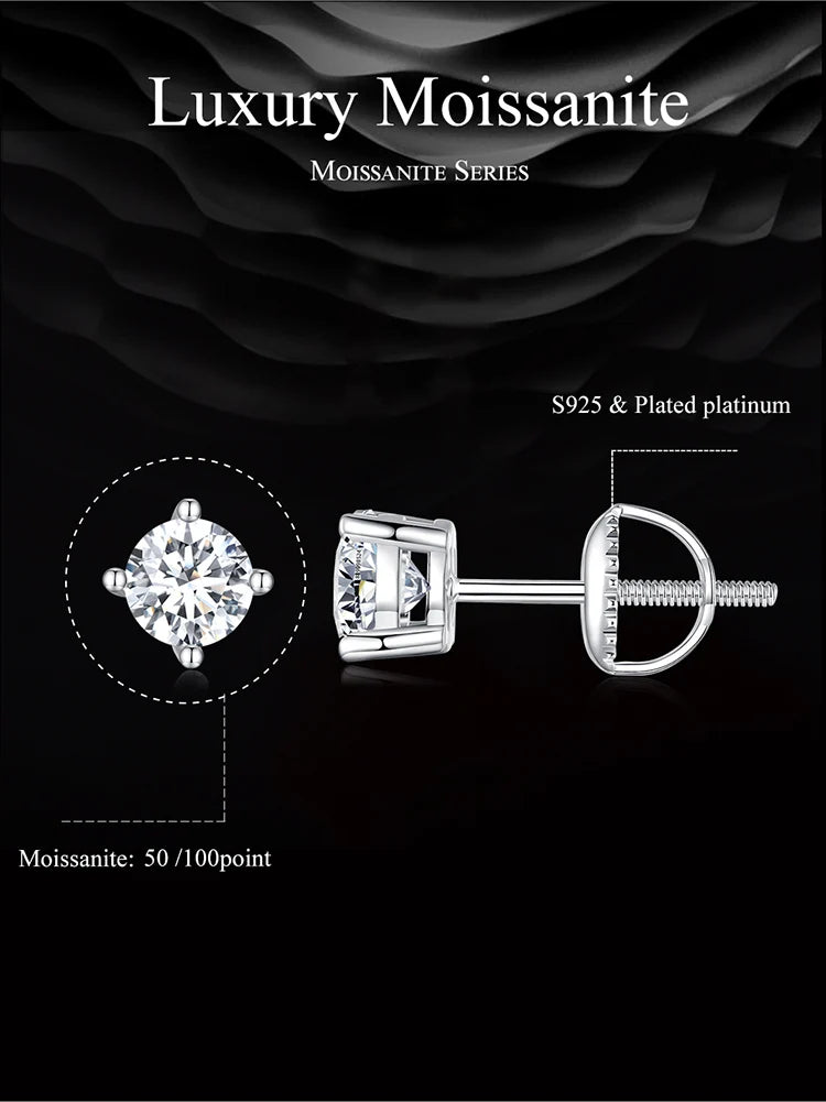 Bamoer 0.5-1ct Moissanite Screw Back Earrings for Women, D Color VVS1 Clarity Lab Created Diamond Earring White Gold Earrings