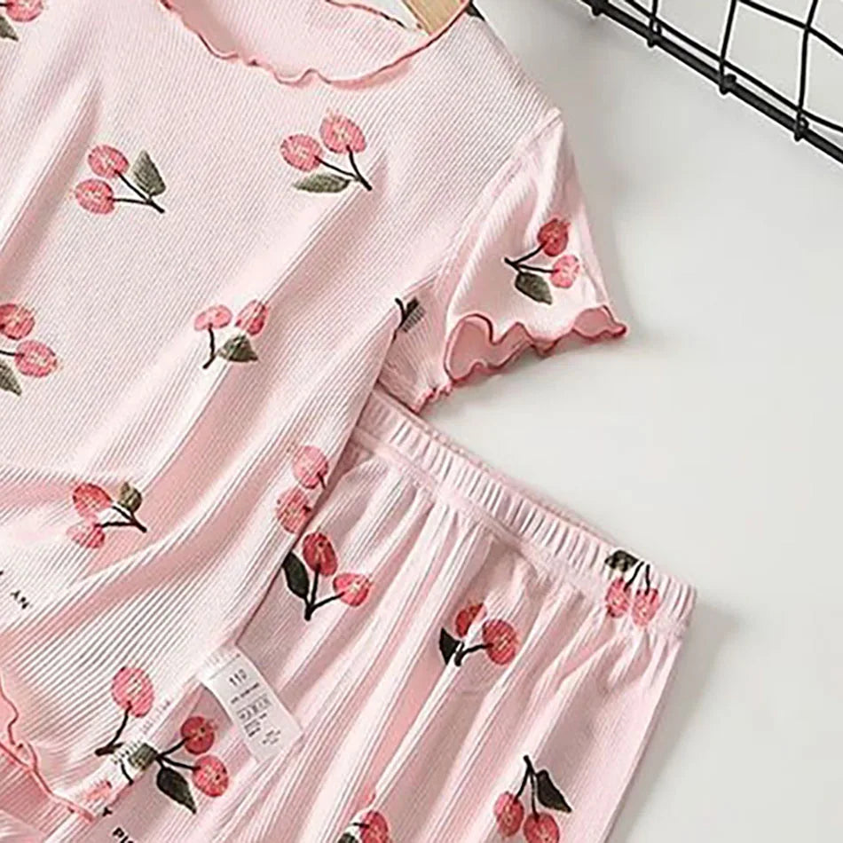Girls Summer Pajama Set Cherry Blossom Print 4-Way Stretch Shorts & Tee Breathable Modal Blend for Bedtime and Playtime for 1-8Y