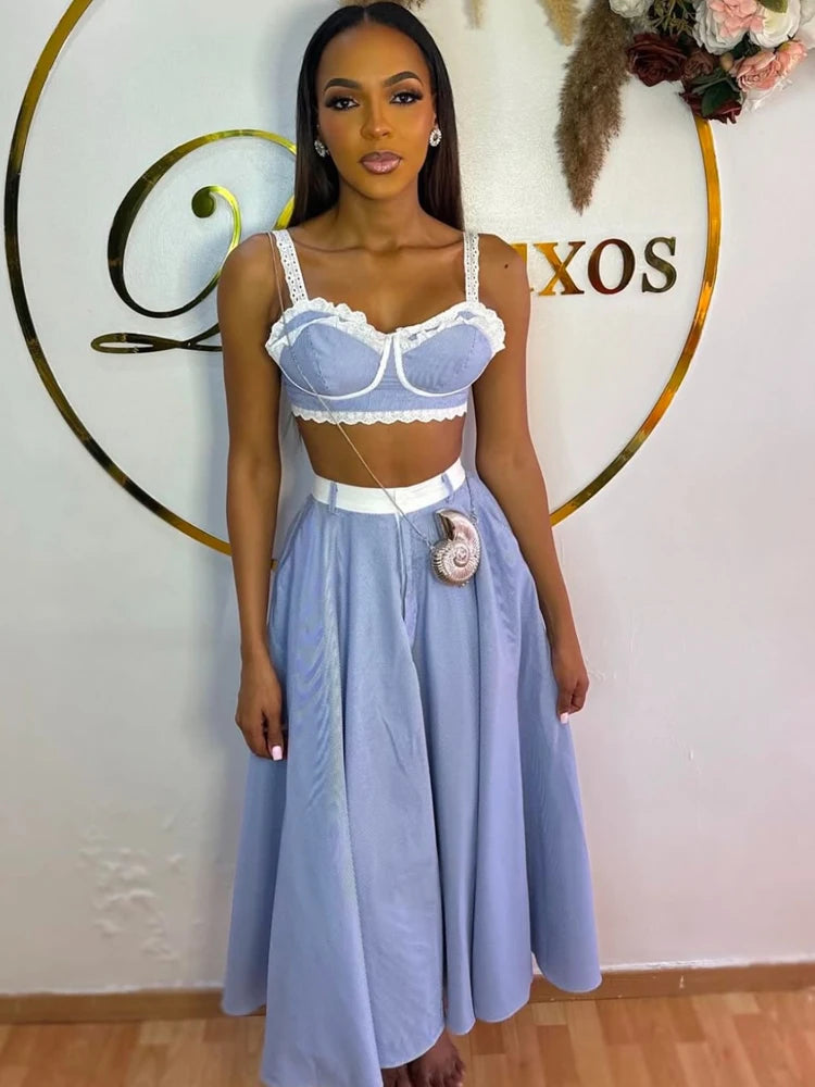 Beyprern Elegant Lace Contrast Stripes Camisole &Skirt Set Two-Piece Dress Holiday Outfits Women Tie-Back Stirped Vacation Dress