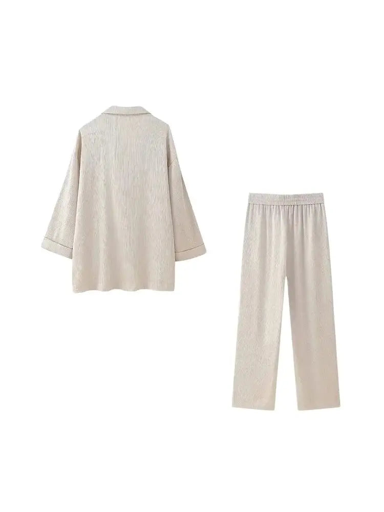 TRZA-Women's Double-Breasted Loose Blazer Coat and High Elastic Waist Wide Leg Pants, Female Two Piece Sets, Fashion