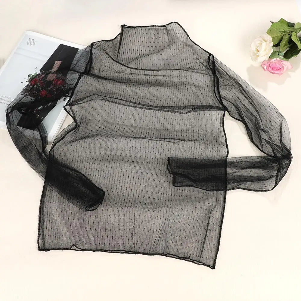 Sexy Women Mesh T-Shirts See-Through Perspective Tshirt Sunscreen Tops Long Sleeve Bottoming Shirts Club Party Black Tee Shirts