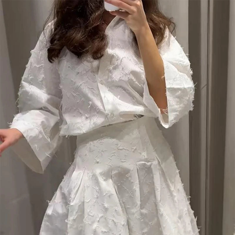 Elegant Shirt Skirt Set Women Lapel Long Sleeve Loose T-shirt High Waist Pleated Long Skirts Suits 2025 Summer Street Lady Sets