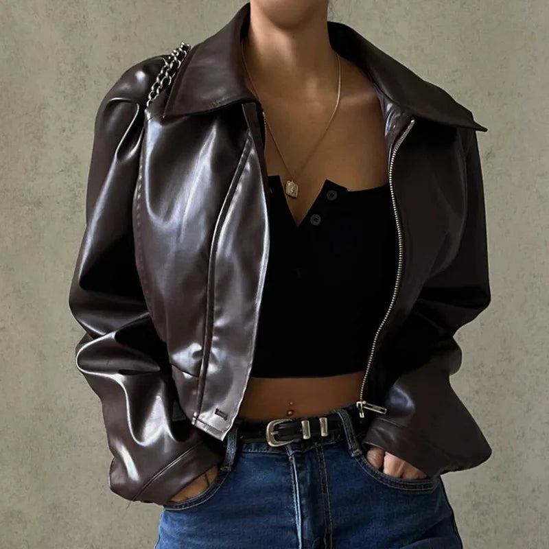 Xeemilo Autumn Faux Leather Short Jacket Y2K Turn-down Collar Fashion Botton Decoration PU Coat 2022 Grunge Street Casual Coats