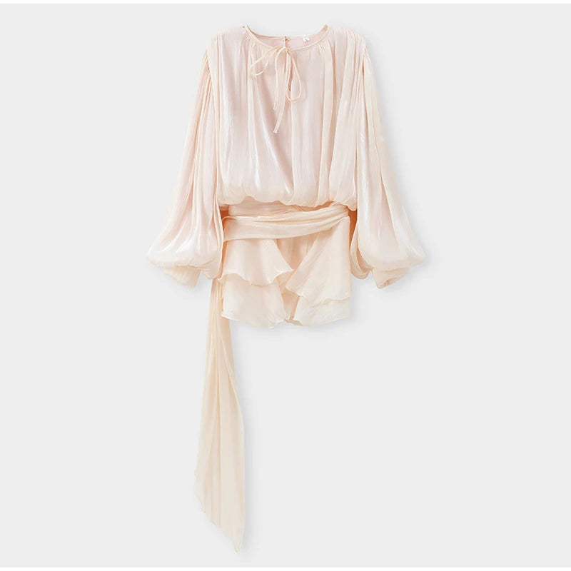 Fashion Women's Ruffles Short Dress Elegant Round Neck Lace Up Lantern Long Sleeve Mini Vestido Chic Female 2025 Solid Dresses