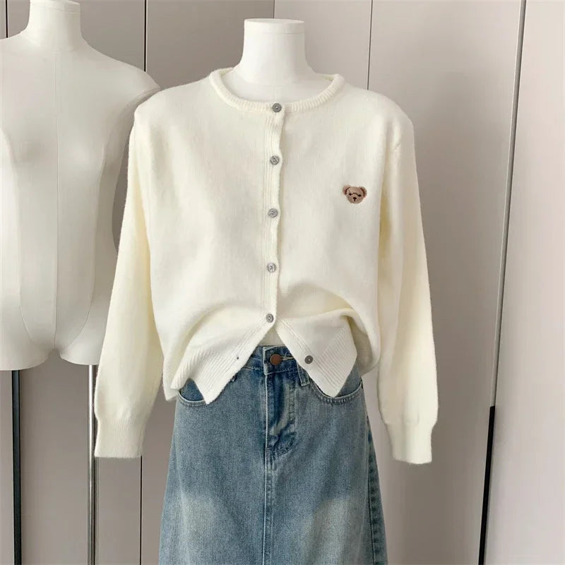 Yaminiya Autumn 2024 O-Neck Knit Sweater Sweet Cartoon Embroidery Casual Tops Japanese Fashion Single Breasted Cardigan Harajuku