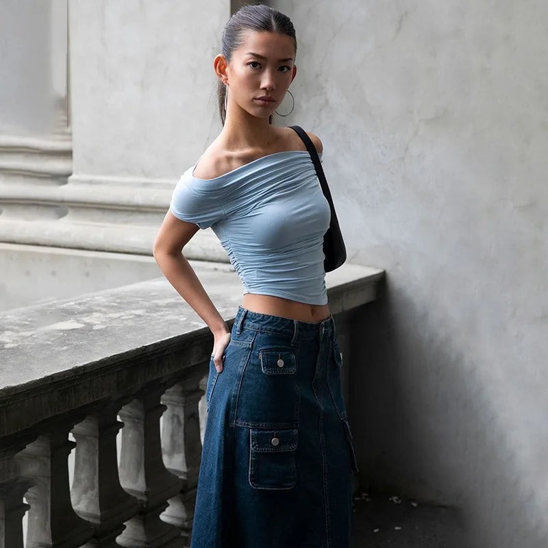 Summer New T-shirt Women Sexy Short Sleeve Fashion Tees Slash Neck Folds Crop Top Casual Streetwear Bodycon Solid Basic T-shirts