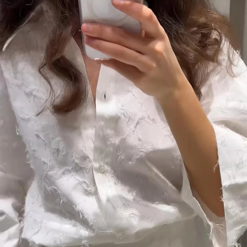 Elegant Shirt Skirt Set Women Lapel Long Sleeve Loose T-shirt High Waist Pleated Long Skirts Suits 2025 Summer Street Lady Sets