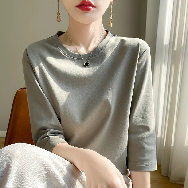 Spring And Summer New White Mercerized Cotton Short Sleeve T-Shirt Feminine Joker Cotton Cropped Sleeve Bottoming Shirt