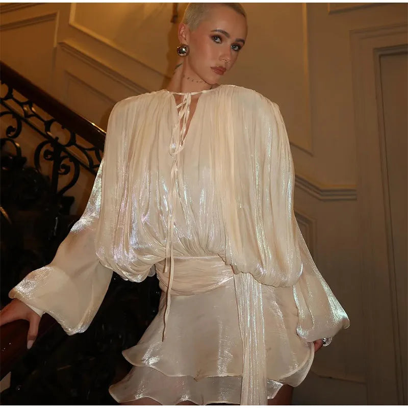 Fashion Women's Ruffles Short Dress Elegant Round Neck Lace Up Lantern Long Sleeve Mini Vestido Chic Female 2025 Solid Dresses