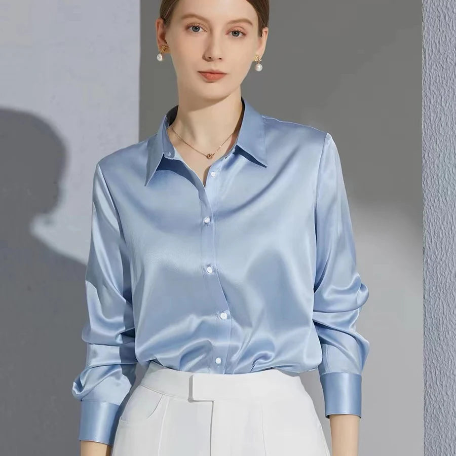 French Elegant Women Satin Glossy Shirt Summer Solid Loose Long Sleeve Blouses Office Lady's All-Match Shirt Vintage Casual Top