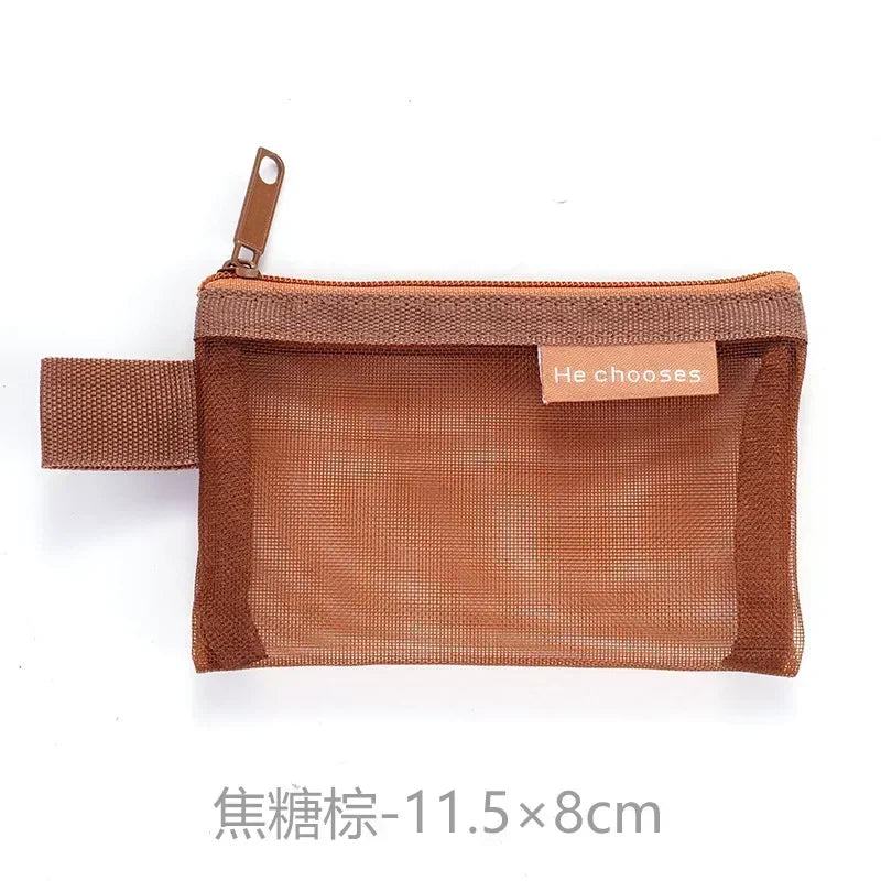 Small Square Solid Color Coin Bag Nylon Mesh Lipstick Key Earphone Organizer Holder Bus Bank ID Credit Cards Pouch Case Storage
