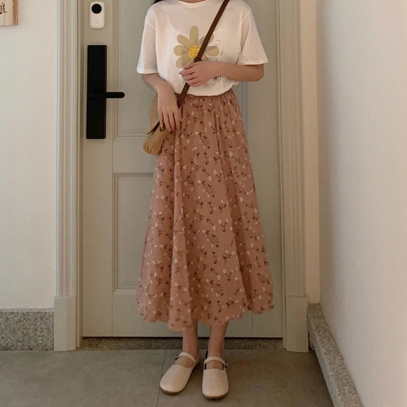 Vintage Floral Print A-line Pleated Long Skirts Summer Women 2024 Korean Skirt Streetwear Drawstring Elastic Waist Midi Skirt