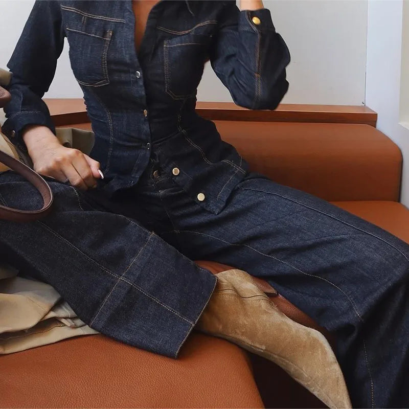 Women Two Pieces Set Denim Pant Sets Single Breasted Long Sleeve Belt Coat Wide Leg Trousers Jeans Female 2 Pieces Outfits