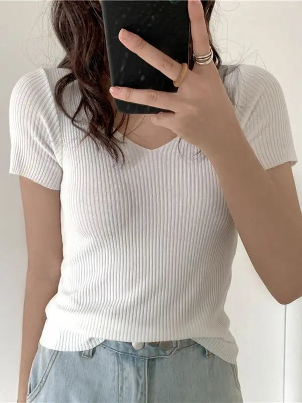 AOSSVIAO 2025 Basic V-neck Solid Thin Summer Pullover Women Female Knitted Ribbed Sweater Slim Short Sleeve Bodycon Sweater