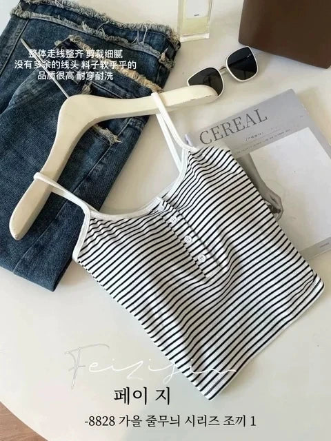 White Stripe Small Cami Women Autumn Gyaru Sexy Button Slim fit Short With Chest Pad Top NS5861