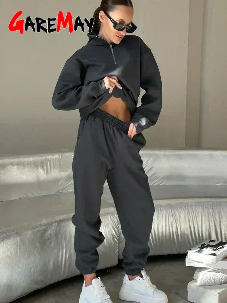 Autumn Women's Tracksuit with Zipper Cotton Oversize White Casual Two Piece Set Women Classic Sports Trouser Suits for Women