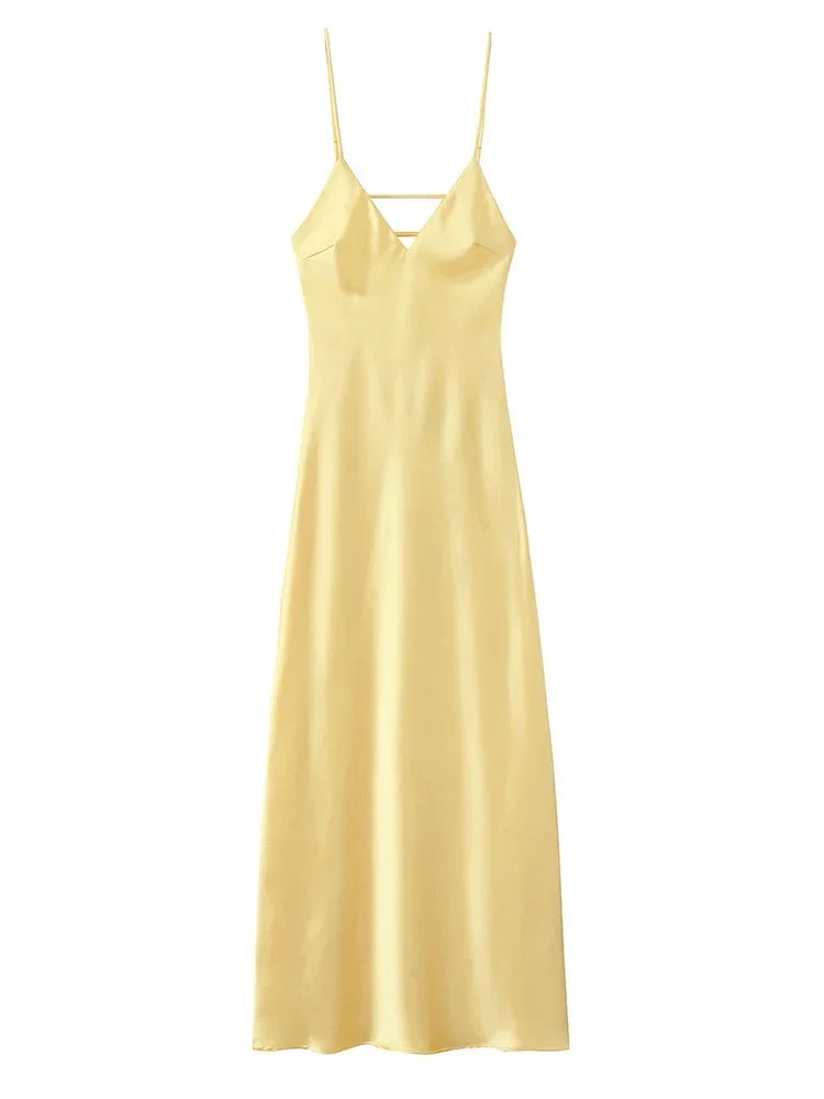 Yellow Elegant Stain Women's Sling Dress Sexy Backless Sleeveless V Neck High Waist Evening Gown Summer Chic Lady Partywear 2025