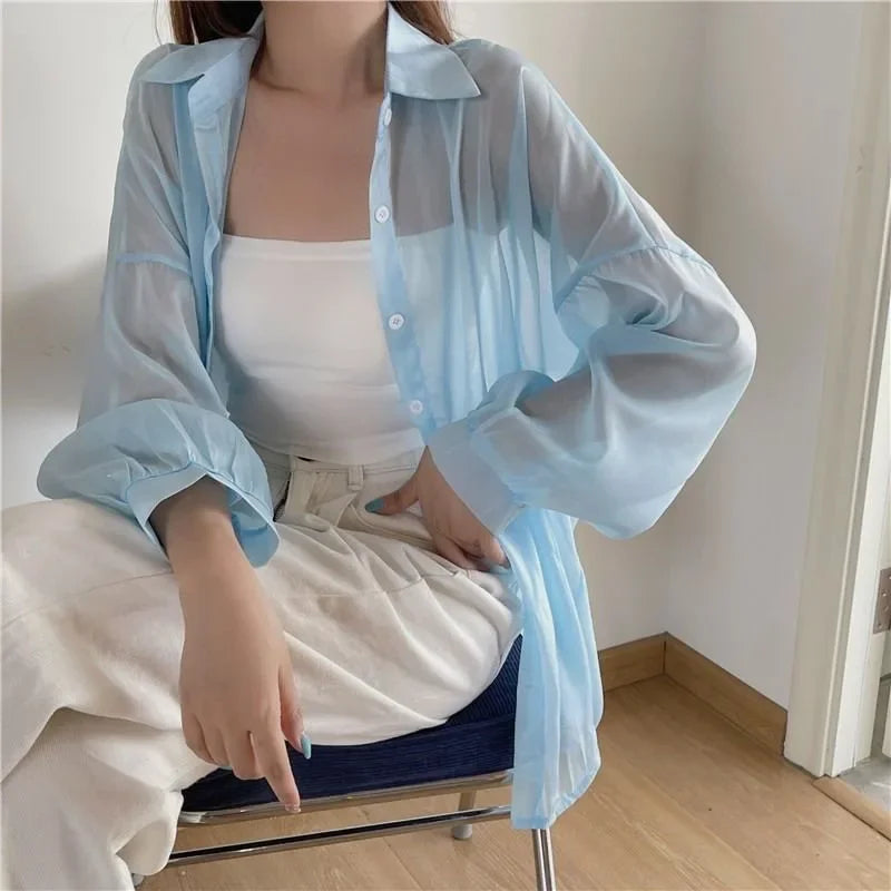 Xpqbb Women's White Chiffon Shirt Sheer Thin Long Sleeve Sun Protection Blouse Woman Casual Loose Simple Single-breasted Shirts