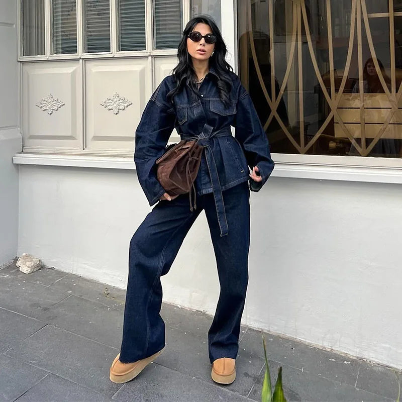 Women Two Pieces Set Denim Pant Sets Single Breasted Long Sleeve Belt Coat Wide Leg Trousers Jeans Female 2 Pieces Outfits