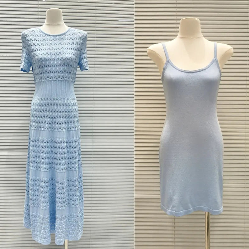 CHUJIE Women's 2025 Summer Lace Trim Dress Set - Round Neck Short Sleeve Midi Dress + Slip Dress 2 Piece Set (Rayon Nylon Blend)