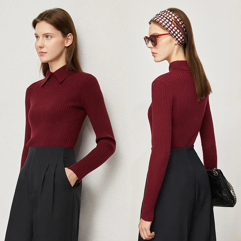 Amii Minimalism 2024 Sweater for Women Autumn New Office Lady Basic Lapel Striped Slim Knitted Tops Solid Trendy Blouse 12444058