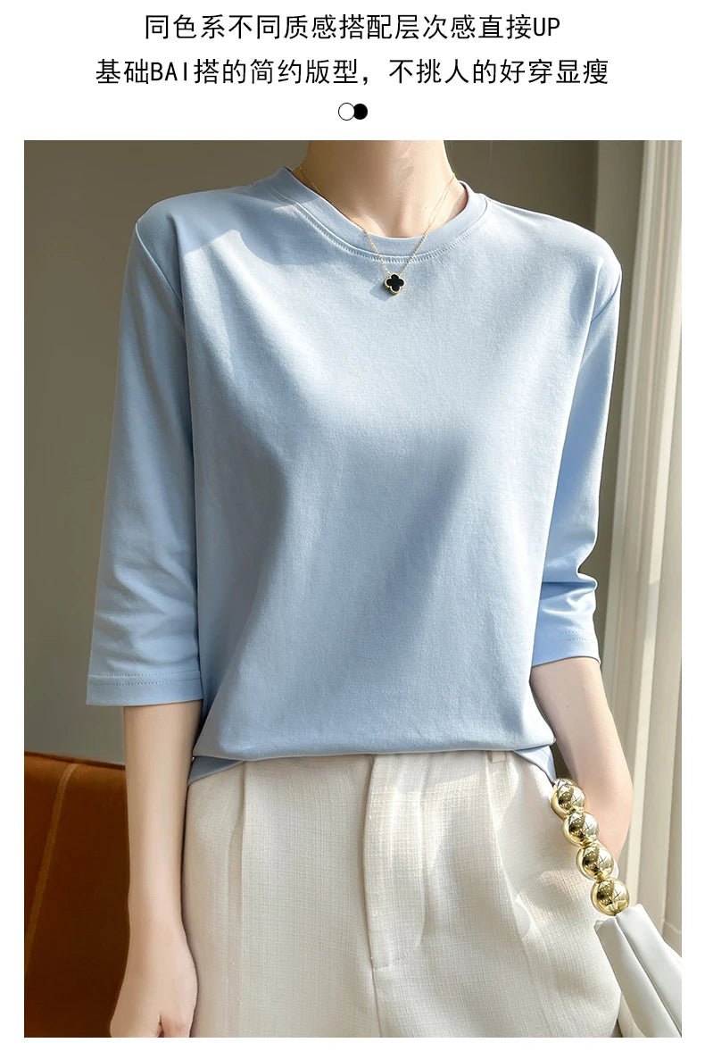 Spring And Summer New White Mercerized Cotton Short Sleeve T-Shirt Feminine Joker Cotton Cropped Sleeve Bottoming Shirt