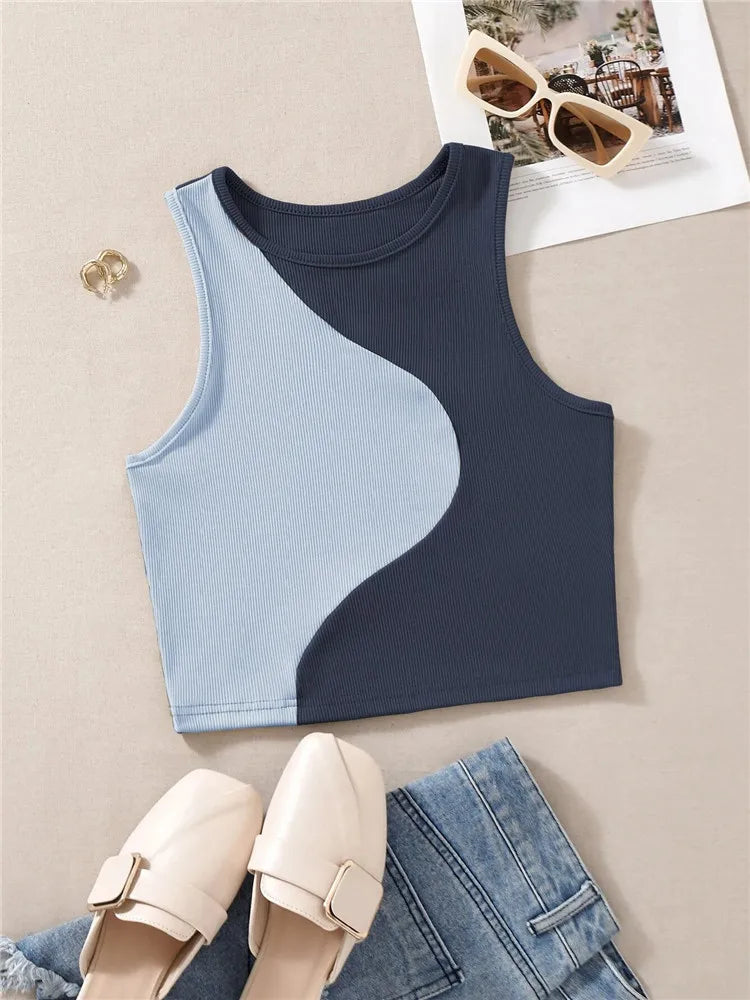 High Street Style Patchwork Rib Knit Sleeveless Crop Top Women Summer Y2K Clothes Korean Fashion Tank Top Tee Streetwear 2023