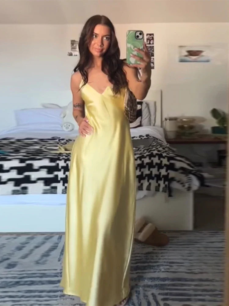 Yellow Elegant Stain Women's Sling Dress Sexy Backless Sleeveless V Neck High Waist Evening Gown Summer Chic Lady Partywear 2025