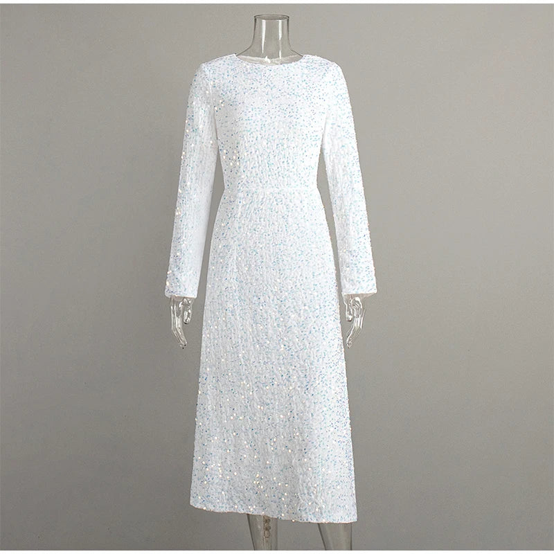 Elegant Sequin Printed Maxi Dresses Women's 2025 Summer Party Gowns Long Sleeve High Waist Slim Round Neck Lady Evening Dress
