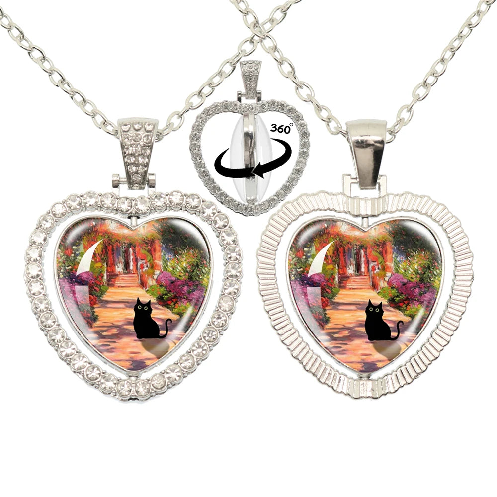 Lovely Little Cat Glass Cabochon 360 Degree Rotating Heart Shaped Pendant With Double-Sided Necklace For Girls' Birthday Gift Je