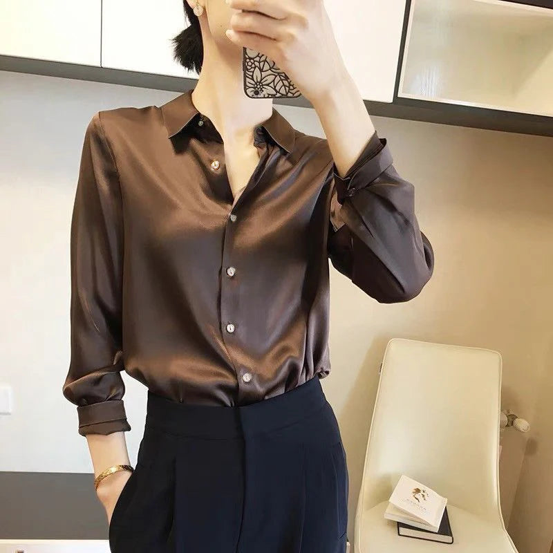 French Elegant Women Satin Glossy Shirt Summer Solid Loose Long Sleeve Blouses Office Lady's All-Match Shirt Vintage Casual Top