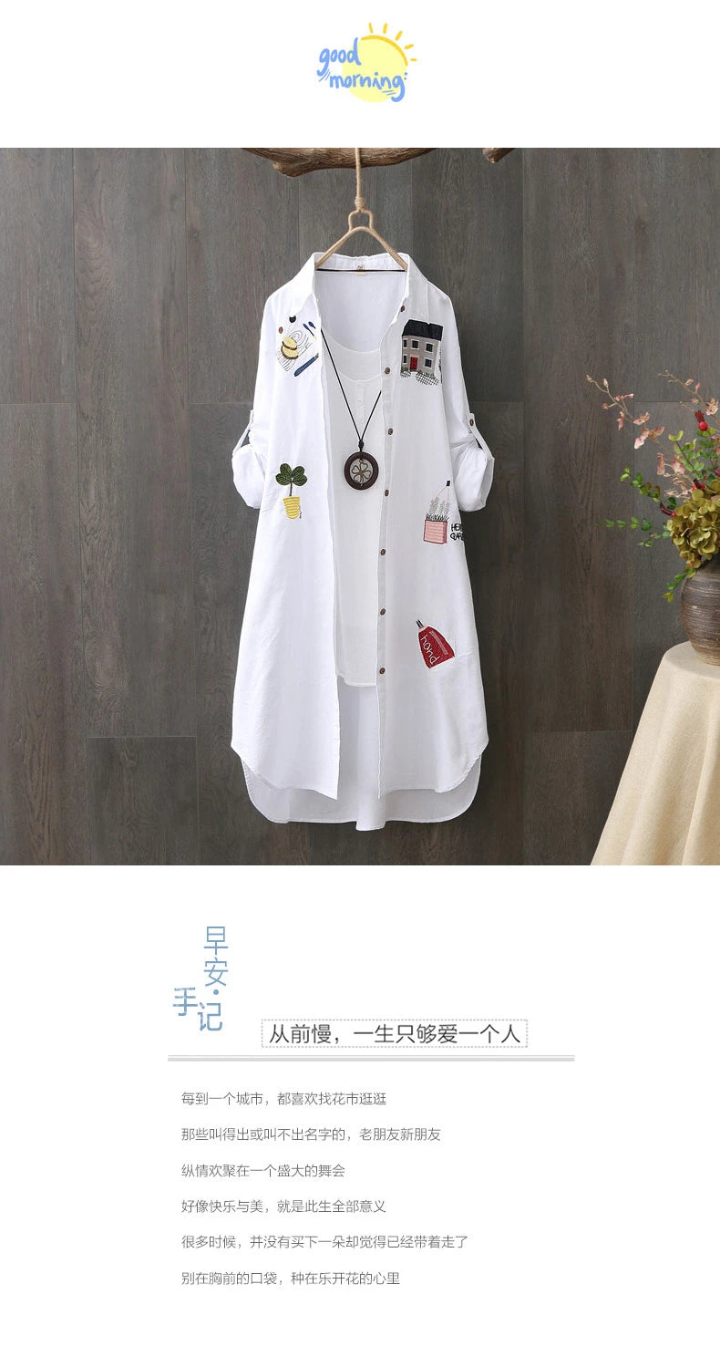 Women Cotton Embroidery Loose Long White Shirts 2025 Spring Autumn New Casual Office Lady Blouse Female Top Loose shirt