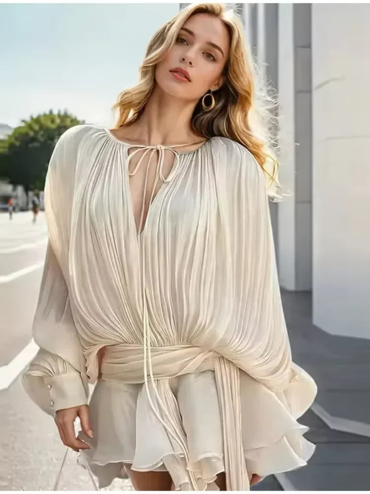 Elegant Ruffles Shiny Mini Dresses Fashion Solid Long Sleeve Lace Up V Neck Pleated Dress New Summer Party Women's Vestidos 2025