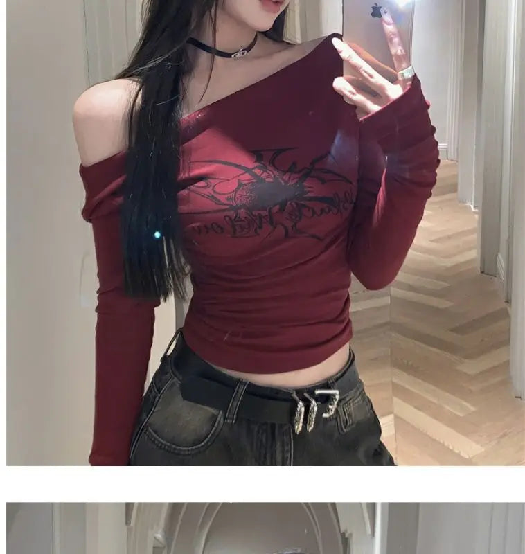 Women Y2K Gothic Grunge T Shirts Off Shoulder 2023 Autumn Streetwear Fairycore Hip Hop Tops Punk Casual Tees Female Clothes