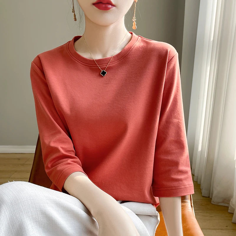 Spring And Summer New White Mercerized Cotton Short Sleeve T-Shirt Feminine Joker Cotton Cropped Sleeve Bottoming Shirt