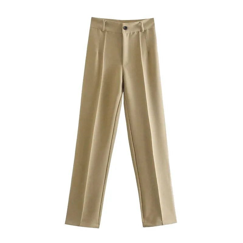 TRZA Women Chic Fashion Office Wear Straight Pants Vintage High Waist Zipper Fly Female Trousers Mujer